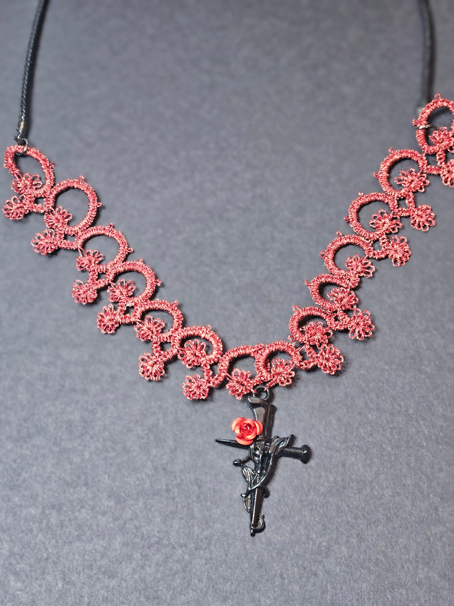 Red Tatted Necklace with cross and rose pendant