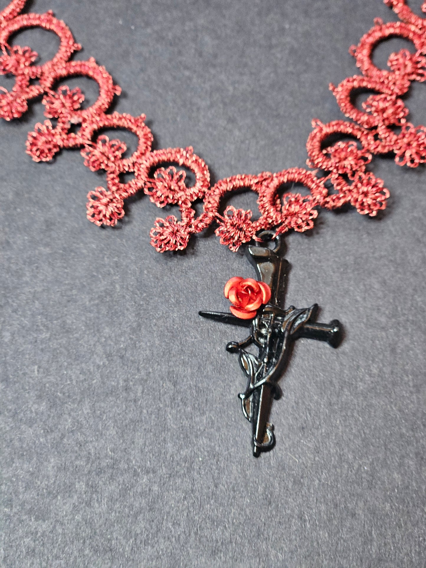 Red Tatted Necklace with cross and rose pendant