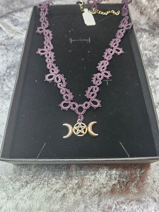 Tatted Nacklace with Triple Moon Goddess pendant